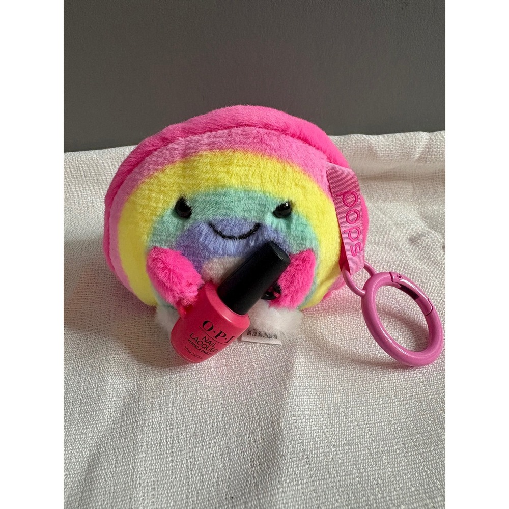 Pops Rainbow Plush Keychain Clip Pink Fuzzy Round Stuffed Toy Accessory